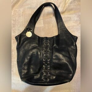 Stylish Stewart Weitzman Black Leather Shoulder Bag with Lace-Up Detail